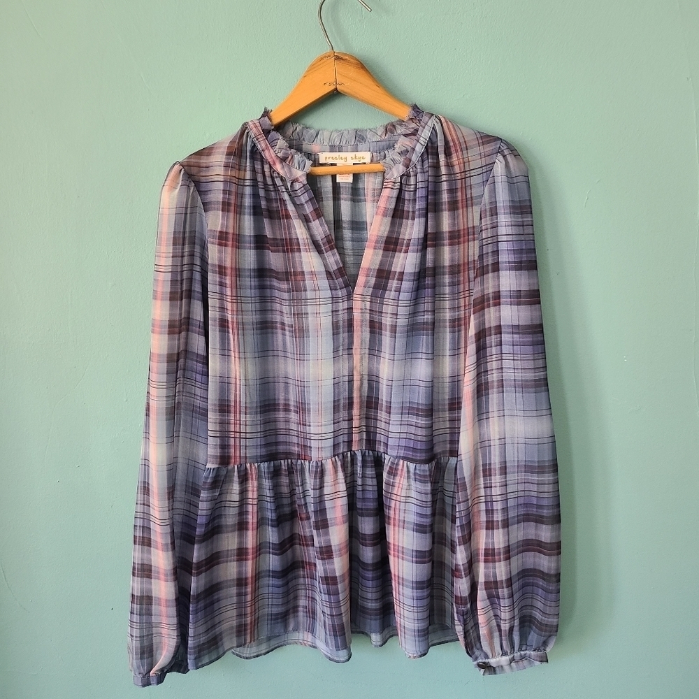 Presley Skye Plaid Tartan Sheer Peplum Long Sleeve Blouse Size Small Blue Purple